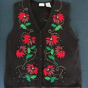 Vintage Poinsettia Ugly Christmas Sweater vest, beaded, sequin, plaid
